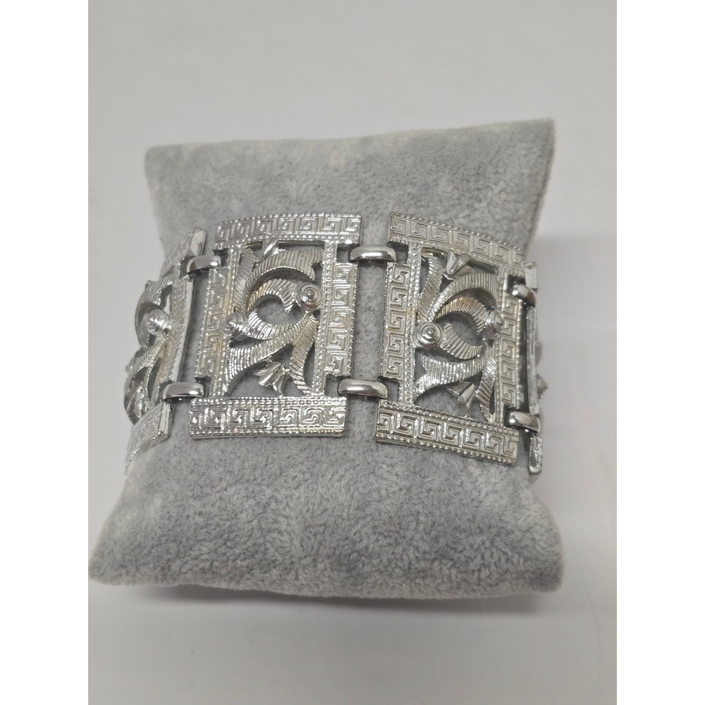 Vintage 60s Silver Tone Greek Key Openwork Panel Link Bracelet Statement Jewelry